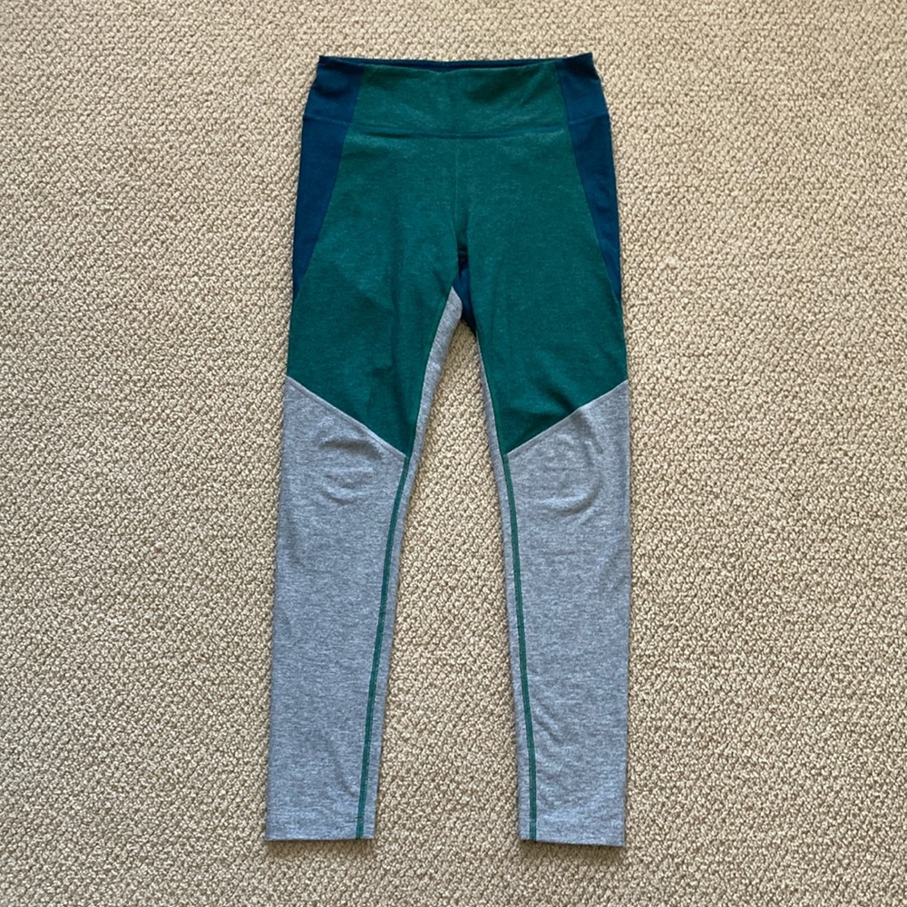OUTDOOR VOICES 7/8 Warm-Up Leggings Tri-Tone Blue Green Grey Textured Small EUC